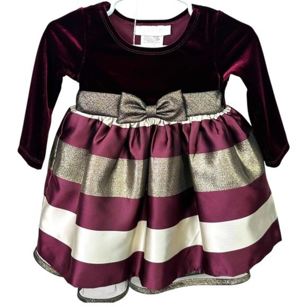 Bonnie Baby Girls Burgundy Velvet Gold Stripe Holiday Dress Size 12M